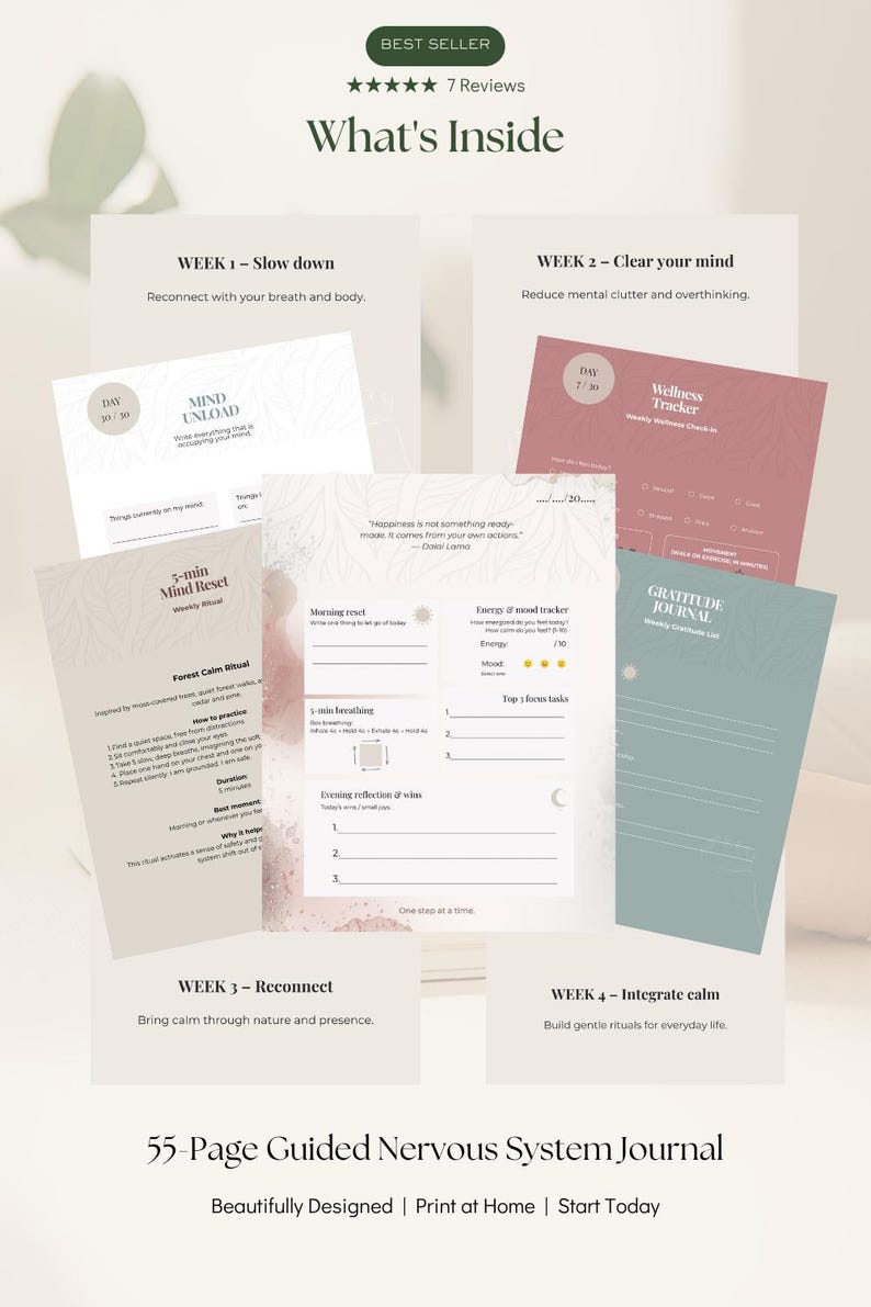 Preview of the 30-Day Nervous System Reset Journal printable PDF featuring weekly themes, guided reflection pages, wellness tracker, gratitude journal, breathing exercises, and grounding activities for emotional wellness.