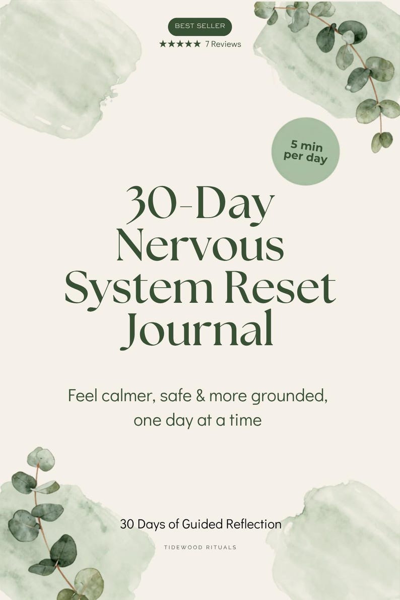 30-Day Nervous System Reset Journal printable PDF cover featuring a guided wellness journal for stress, anxiety, overthinking, emotional overwhelm, burnout recovery, daily reflection, and nervous system regulation.