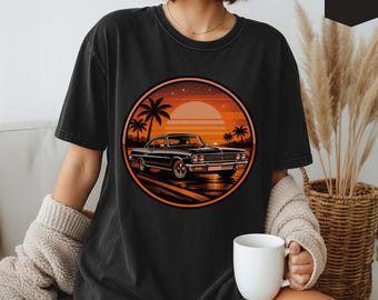 Vintage Sunset Car Graphic Tee, Retro Road Trip Comfort Colors Shirt