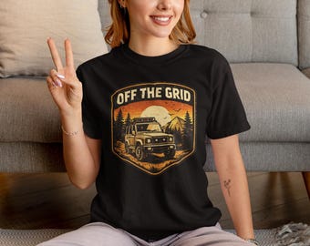 Off The Grid Overland Truck T-Shirt, Adventure Outdoors Badge,Sunset Forest,Vintage Camping Tee,Durable Casual Top for Campers and Explorers