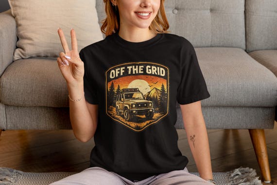 Off The Grid Overland Truck T-Shirt, Adventure Outdoors Badge,Sunset Forest,Vintage Camping Tee,Durable Casual Top for Campers and Explorers