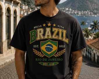 Brazil Shirt, Rio de Janeiro Crest Graphic, Brazilian Flag Shield, Vintage Soccer Style