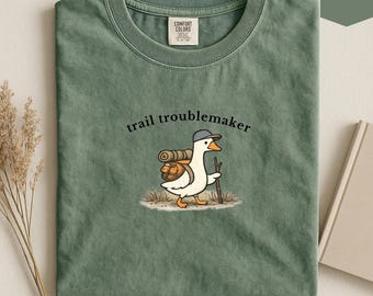 Trail Troublemaker Tee, Hiking Duck Shirt, Vintage Outdoor Graphic, Garment Dyed Cotton