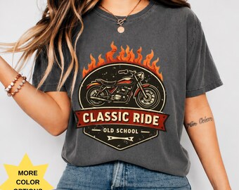 Classic Ride Motorcycle graphic T-shirt | Vintage Biker Flames emblem