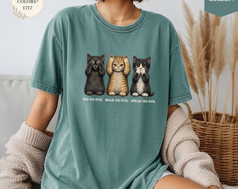 Three Wise Cats Shirt, See No Evil Hear No Evil Speak No Evil Cat Tee, Funny Cat Lover Gift, Black Cat Tuxedo Cat Orange Tabby Shirt