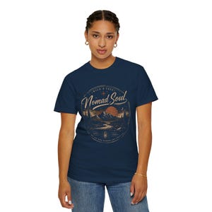 Nomad Soul mountain sunset graphic T-Shirt | Adventure outdoors travel tee True Navy