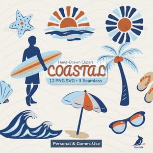 Coastal Clipart Bundle, Retro Summer Beach Graphics, Beach Lifestyle PNG SVG,Nautical Tropical Patterns,Commercial use,digital download