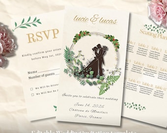 Bewerkbare trouwuitnodiging sjabloon, trouwuitnodiging met groen, Canva sjabloon, RSVP-kaart, tafelindeling, direct te downloaden, Frans & Engels