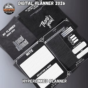 Peut inclure: Planificateur numérique noir avec du texte blanc, comprenant "Digital Planner 2026" et "My Planner Hebdo 2026". Le planificateur comprend des sections pour les notes, la réflexion et un journal d'affaires. Le design comprend les mots "Organized & Optimized" et "Thank you!"