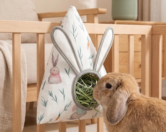 Large Rabbit Hay Feeder Bag, Washable Bunny Hay Holder with Hooks, Guinea Pig Chinchilla Cage Feeding Bag