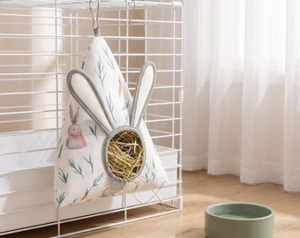 Large Bunny Hay Bag with Feeding Hole, Washable Hanging Hay Holder for Rabbit Guinea Pig Chinchilla