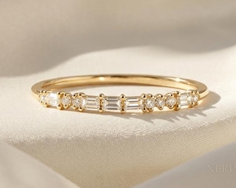 0.20Ct Baguette Round Band Dainty Moissanite Wedding Ring Minimalist Stackable Band 14K Gold Anniversary Gift For Her - (Lab Diamond Option)