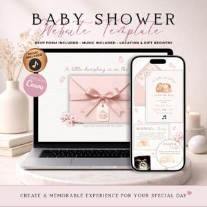 Op de afbeelding: Een babyshower website template weergegeven op een laptop- en smartphonescherm. Het ontwerp bevat een roze envelop met een strik, kersenbloesems en knoedelillustraties. De tekst bevat BABY SHOWER WEBSITE TEMPLATE, A little dumpling is on the way, en RSVP FORM INCLUDED. MUSIC INCLUDED. LOCATION & GIFT REGISTRY.