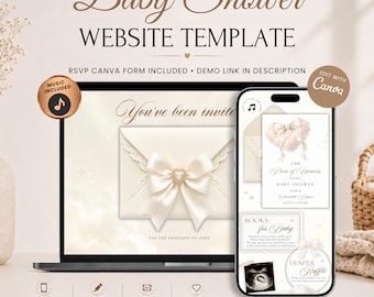 Strona internetowa na baby shower „A Little Piece Of Heaven” z możliwością potwierdzenia obecności | Cyfrowe, neutralne zaproszenie na baby shower w niebiańskim stylu | Edytowalny szablon Canva