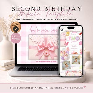 Two Sweet Girl Second Birthday Invitation Website With RSVP | Digital Candy Donut 2nd Birthday Invite | Editable Canva Template