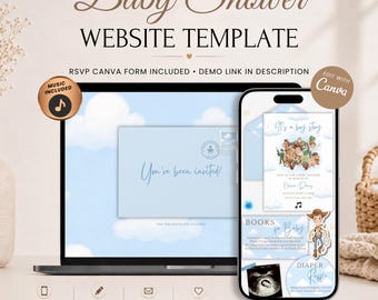 Einladung zur Babyparty „It's A Boy Story“ mit RSVP | Bearbeitbare Canva-Vorlage | Inklusive Musik