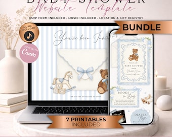 Teddy Bear Baby Shower Website Invitation Bundle With RSVP | Vintage Nursery Toys Blue Boy Evite | Rocking Horse Canva Template