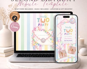Ready Two Party Second Birthday Website Invitation With RSVP | Colorful Girl 2nd Birthday Evite | Editable Canva Template | Music Included