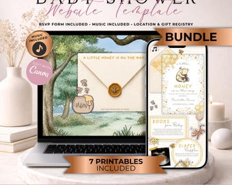 Little Honey On The Way Baby Shower Website Invitation Bundle With RSVP | Classic Honey Bear | Editable Canva Template | Music Included