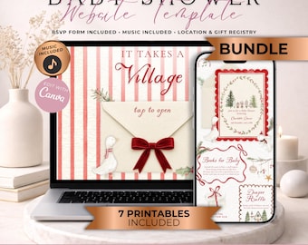 It Takes A Village Baby Shower Website Invitation Bundle With RSVP | Christmas Winter Evite | Editable Canva Template | Music Included