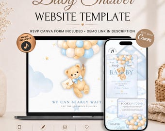 Wir können es kaum erwarten! Babyparty-Einladung mit RSVP | Blaue Teddybär-Einladung | Bearbeitbare Canva-Vorlage | Musik inklusive