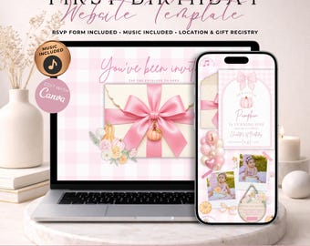 Little Pumpkin First Birthday Website Invitation With RSVP | Pink Fall Girl First Birthday Evite | Editable Canva Template | Music Included