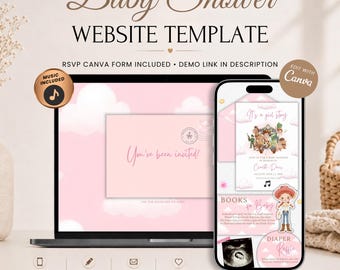 Zaproszenie na baby shower „It's A Girl Story” z RSVP | Edytowalny szablon Canva | Muzyka w zestawie