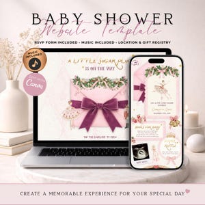 Peut inclure: Un modèle de site web pour baby shower affiché sur un ordinateur portable et un smartphone. Le design présente une enveloppe rose avec un nœud violet foncé, une illustration de ballerine et le texte A LITTLE SUGAR PLUM IS ON THE WAY.
