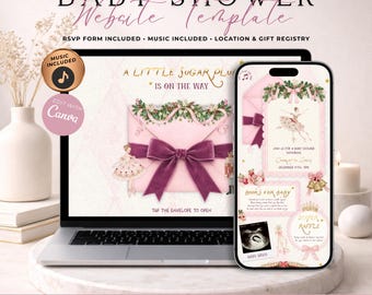 Little Sugar Plum Girl Baby Shower Website Invitation With RSVP | Pink Nutcracker Ballerina Christmas Baby Shower | Editable Canva Template