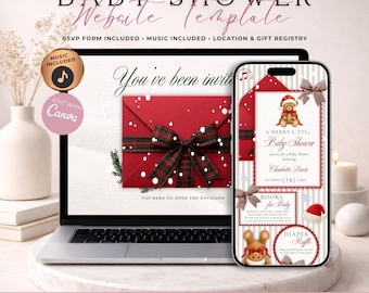 Christmas Baby Shower Website Invitation With RSVP | Merry Little Baby Shower Teddy Bear Evite | Editable Canva Template | Music Included