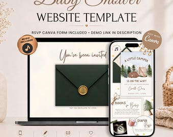 Einladung zur Babyparty „Ein kleiner Camper ist unterwegs“ mit RSVP | Digitale Einladung zum Camping-Event im Wald | Bearbeitbare Canva-Vorlage
