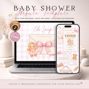 May include: A digital baby shower website template displayed on a laptop and smartphone screen. The design features a pink gingham background, a gingerbread character, and an envelope graphic with the text Oh Snap and Our Little Cookie.