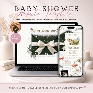 May include: A digital baby shower website template displayed on a laptop and smartphone screen. The design features a dark green envelope with a white bow, winter-themed illustrations, and text including Baby It's Cold Outside and Charlotte Davis.
