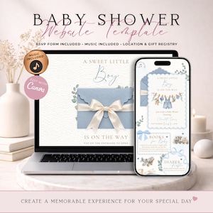 Puede incluir: Una plantilla de sitio web para baby shower mostrada en la pantalla de una computadora portátil y un teléfono inteligente. El diseño presenta un sobre azul con un lazo crema, artículos de bebé en acuarela y el texto A SWEET LITTLE BOY IS ON THE WAY.