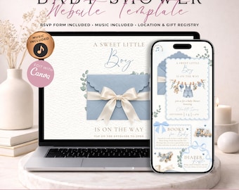 Baby Boy Shower Website Invitation With RSVP | A Sweet Baby Boy Is On His Way Evite | Clothesline Baby Shower | Canva Template