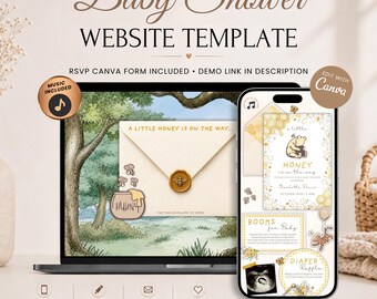 Little Honey On The Way Baby Shower Website Invitation With RSVP | Classic Winnie Pooh | Editable Canva Template | Music Included
