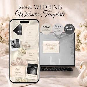 Op de afbeelding: Een sjabloon voor een trouwwebsite weergegeven op een smartphone en laptop. Het ontwerp heeft een zwanenthema met de tekst "5 PAGE WEDDING Website Template". De smartphone toont een trouwuitnodiging en foto's. Het laptopscherm toont een trouwuitnodigingsontwerp.