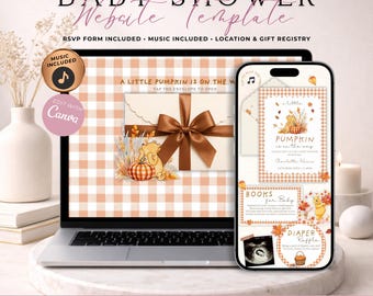 A Little Pumpkin On The Way Baby Shower Website Invitation With RSVP | Classic Fall Bear Invite | Editable Canva Template | Music Included