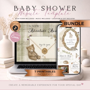 Op de afbeelding: Een baby shower website sjabloonbundel weergegeven op een laptop en smartphone scherm. Het digitale ontwerp heeft een bosthema met een teddybeer, envelop en bosdieren. Tekst bevat BABY SHOWER, A NEW Adventure Awaits en tap to open.