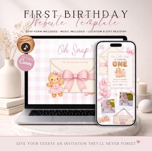 May include: A digital first birthday website template displayed on a laptop and smartphone screen. The design features a gingerbread character, pink bows, and text including Oh Snap, Our Little Cookie Is Turning One, and event details.