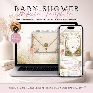Animated Enchanted Fairy Garden Baby Shower Website Invitation With RSVP | Editable Canva Template | Music Included