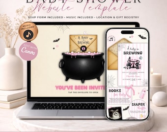 A Baby Is Brewing Halloween Baby Shower Website Invitation With RSVP | Pink Girl Spooky Invite | Editable Canva Template | Music Included