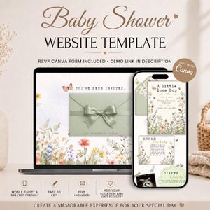 Animated Love Bug Baby Shower Website Invite with RSVP | Sage Green Wildflowers Invitation | Editable Canva Template