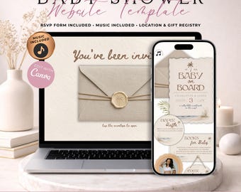 Baby On Board Baby Shower Website Invitation With RSVP | Neutral Boho Summer Beach Surf Invite | Editable Canva Template | Music Included