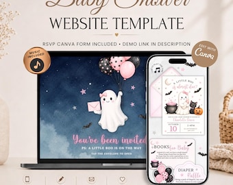 Einladung zur Babyparty „Ein kleines Boo kommt bald“ mit RSVP | Animierte Halloween-Einladung für ein rosa Mädchen | Bearbeitbare Canva-Vorlage