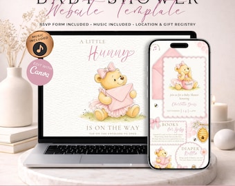 Little Hunny Baby Shower Website Invitation With RSVP | Pink Honey Bear Digital Evite Girl | Editable Canva Template | Music Included