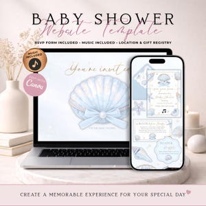 Op de afbeelding: Een digitale babyshower website template weergegeven op een laptop en smartphone scherm. Het ontwerp bevat een lichtblauwe schelp met een parel en strik, nautische elementen en tekst waaronder "You're invited", "Baby Shower" en "Books for Babies".