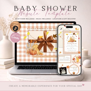 Pode incluir: Um modelo de site para chá de bebê exibido em uma tela de laptop e smartphone. O design apresenta um padrão xadrez laranja claro, um envelope com fita marrom e um urso de desenho animado com uma abóbora. Texto: A LITTLE PUMPKIN IS ON THE WAY.