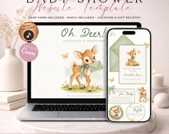 Oh Deer Baby Shower Website Invitation With RSVP | Sage Green Woodland Baby Shower Evite | Editable Canva Digital Invitation Template