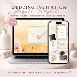 Wildflower Wedding Website Invite With RSVP | Spring Pastel Floral Wedding Invitation | Editable Canva Template